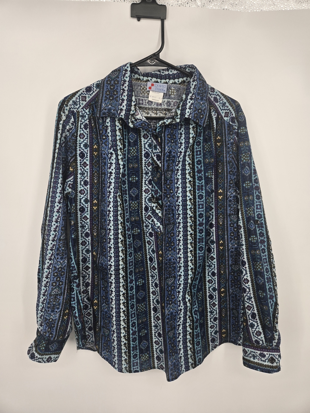 David Peet Blue Brown Striped Long-Sleeve Tunic Vintage 80s Shirt Size 16 (7052)